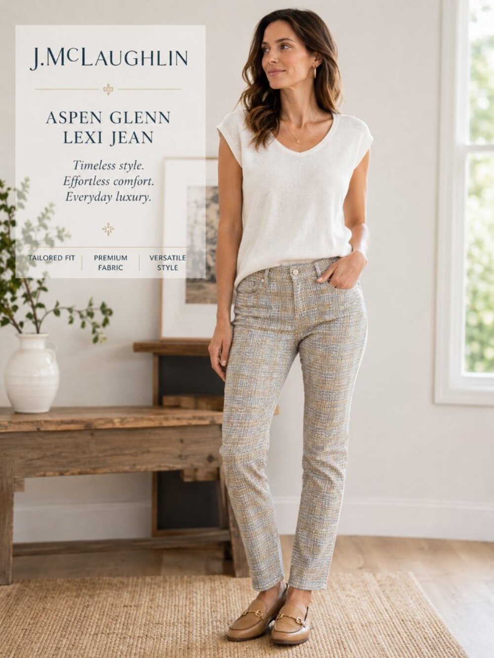 J McLaughlin Plaid Pants SZ10 Tan Gray Quiet Luxury Career Chic Classic Stretch